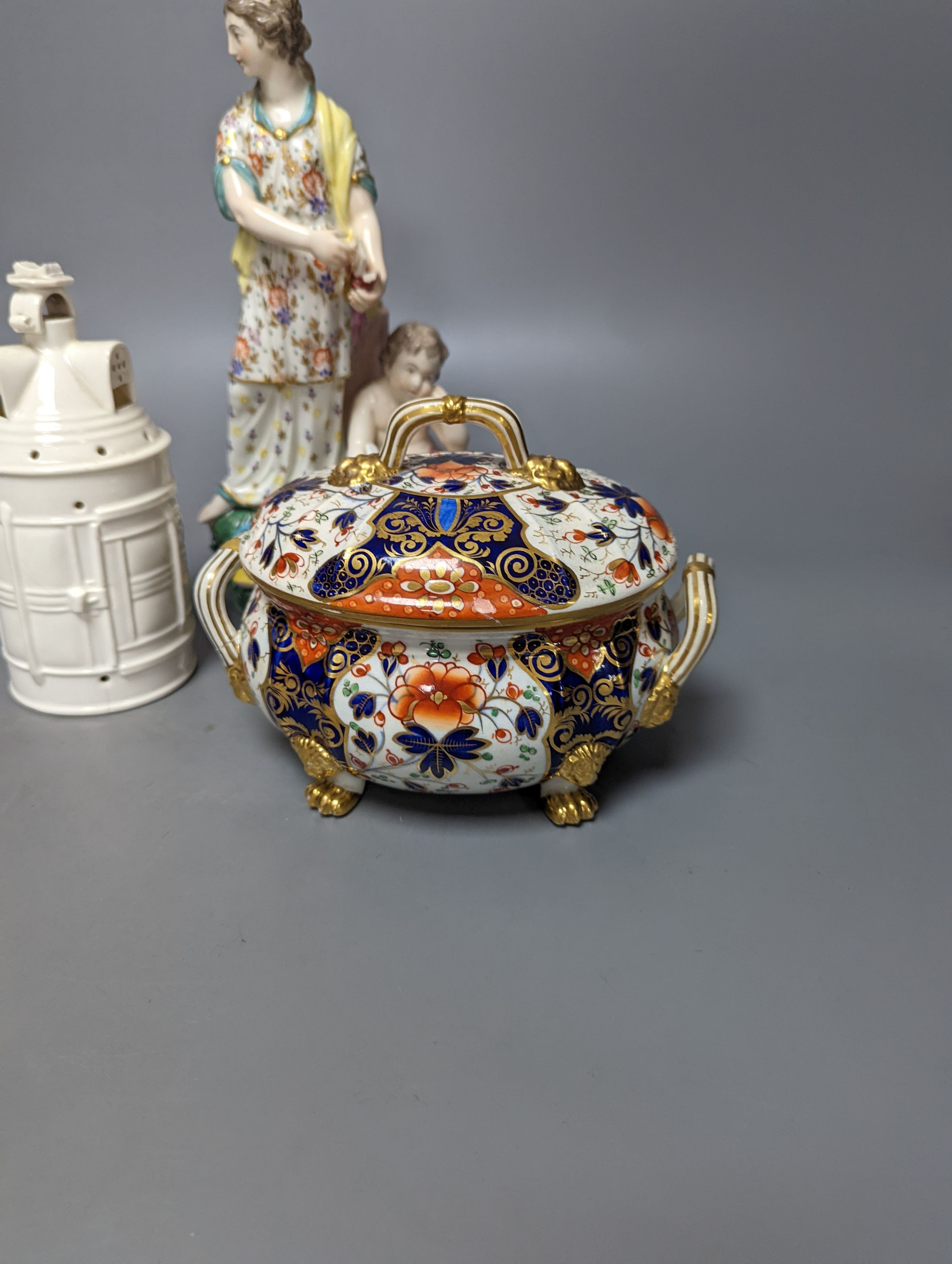 Two Chelsea Derby figure groups, three Derby Japan-pattern items to include an ice pail and two sucrier, together with a Copeland porcelain model of a tower